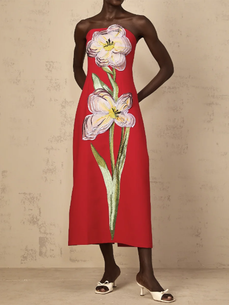 High Quality Hit Color Slimming Spliced 3D Flower Elegant Dresses for Women Strapless Sleeveless Temperament Dress Female Newest