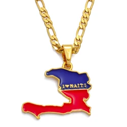 Anniyo Haiti Map With Flag Pendants Necklaces for Men Ayiti  Jewelry Gold Plated #116006