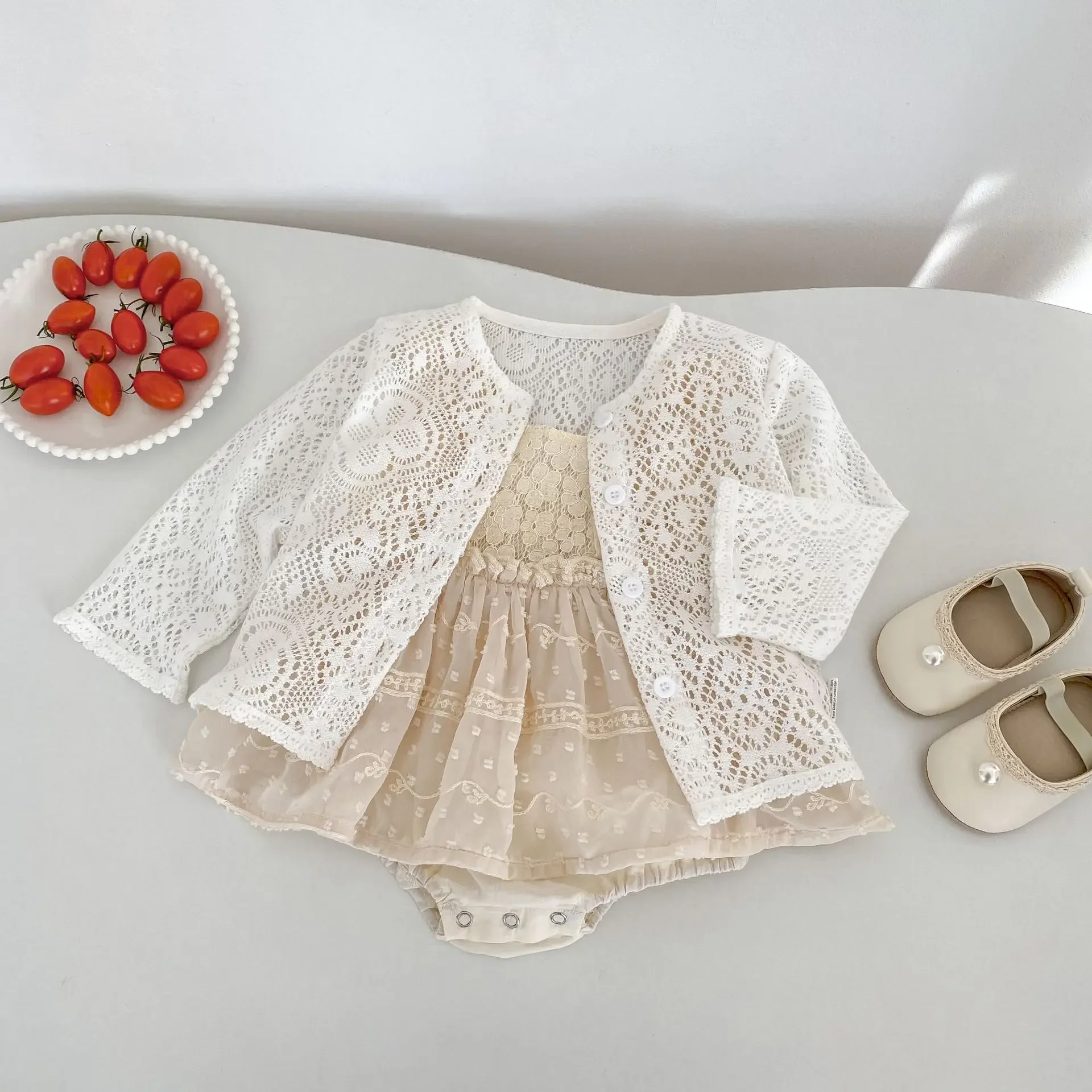 Summer Newborn Baby Girl Ruffle Fly Sleeve Lace Bodysuit Dress Sleeveless Mesh Tutu Princess Outfit for Infant Daily Party Wear