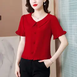 Office Lady Pleated Short Blouse Summer New Short Sleeve Button Solid Color All-match Shirt Tops Fashion Casual Women Clothing