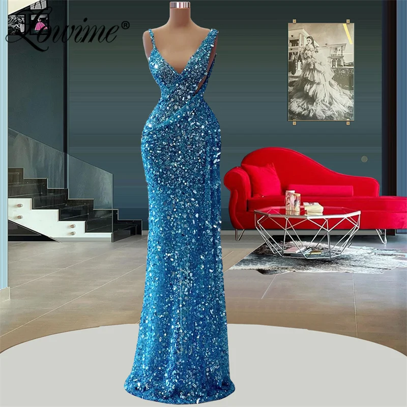

Женское длинное вечернее платье, синее современное официальное платье с V-образным вырезом и блестками, расшитое бисером, для выпускного вечера, 2022