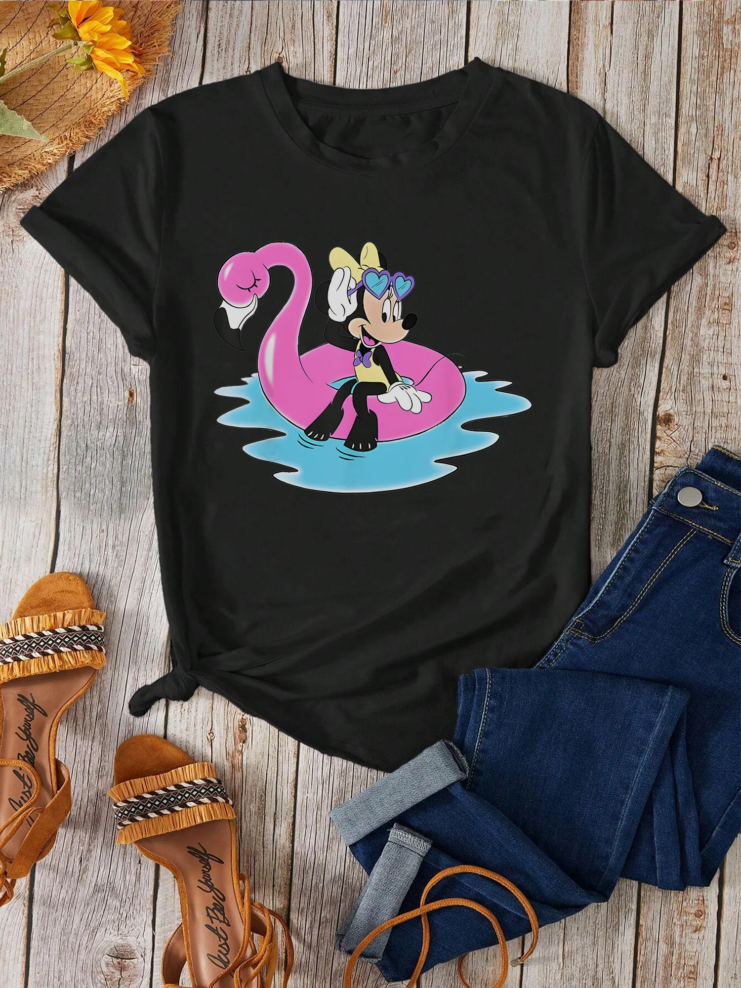 تي شيرت ديزني ميني ماوس فلامنغو - رقبة دائرية، تصميم فلامنغو وردي أزرق للرياضة والترفيه #1