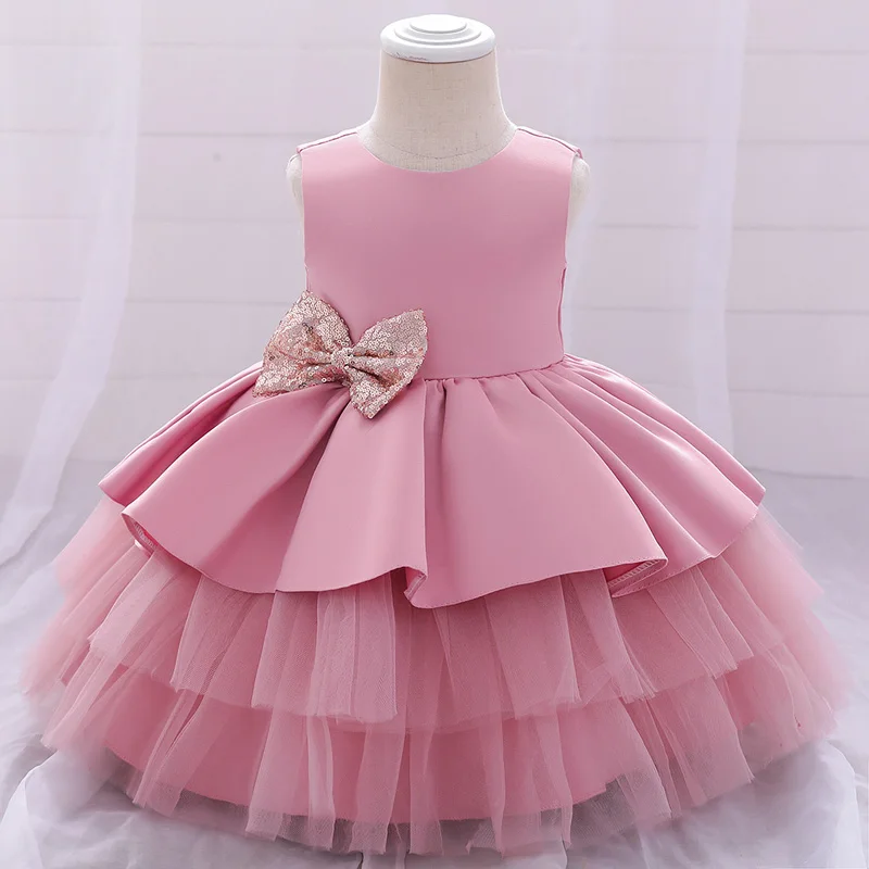 12M 24M Baby Girl Dress Newborn Pink Sequin Bow Tutu Gown Infant Birthday Layered Outfits Flower Kids Clothes Wedding Vestidos