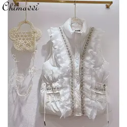 Down Cotton Vest Coat Women's 2022 Winter New Korean Style Sweet Heavy Industry Rhinestone Lace Stitching Warm Vests Fashion