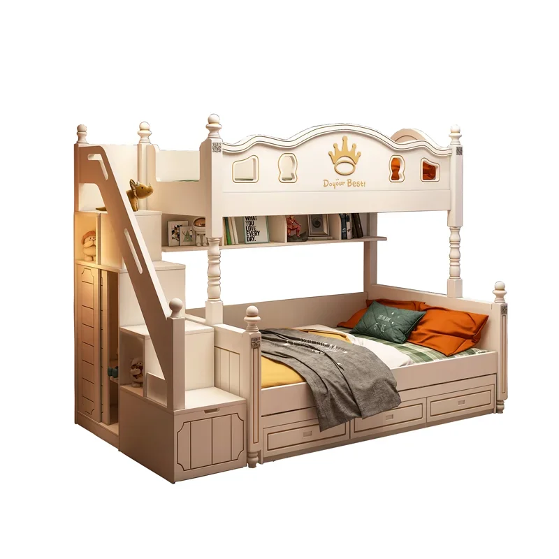 

Upper and lower bunk children's bed girl princess high and low bunk bed solid wood small apartment upper and lower beds