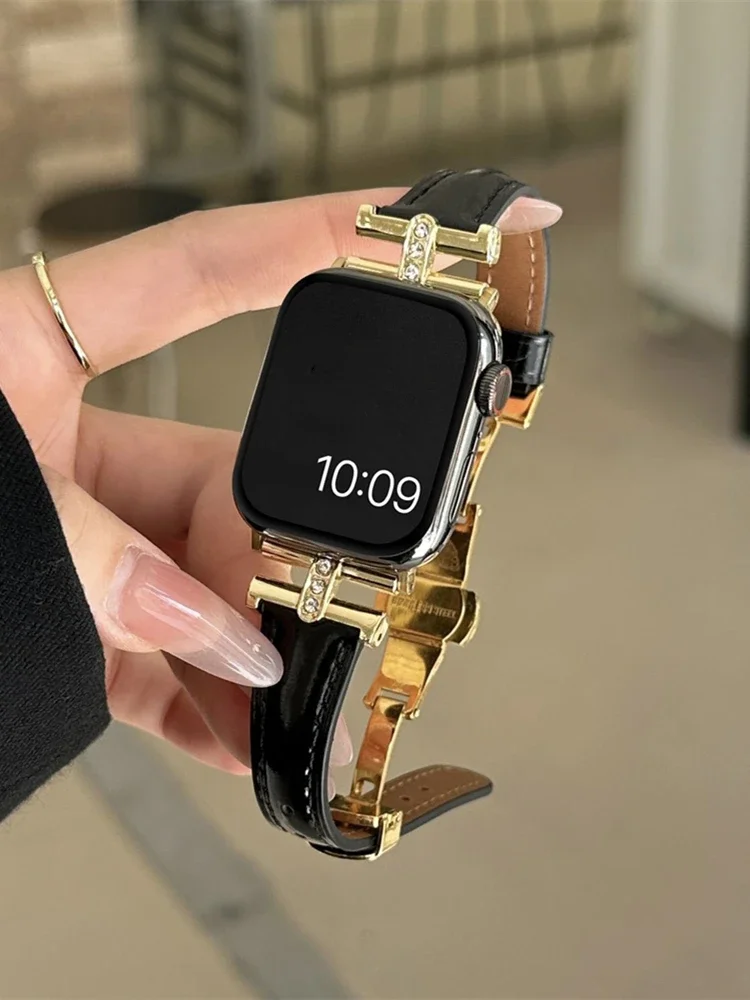 

Ремешок металлический из натуральной кожи с блестками для iWatch 9 8 7 6 5 4 se, роскошный женский браслет для Apple Watch 41 мм 40 мм 38 45 44 49, 2024