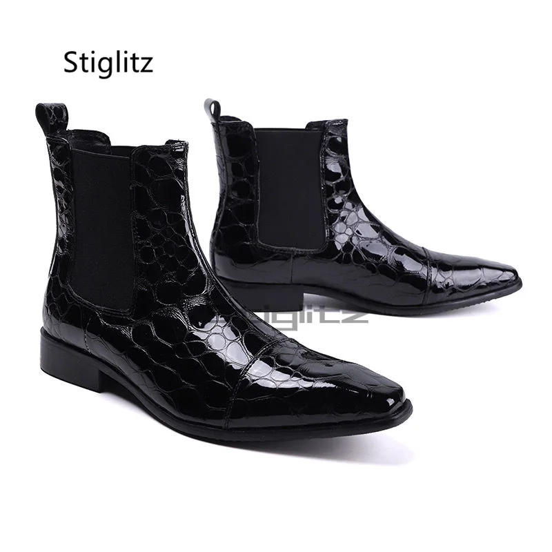 

Black Stone Texture Elastic Boots for Men High Quality Fashion Casual Ankle Boots Autumn Slip On Business High Top Male Shoes