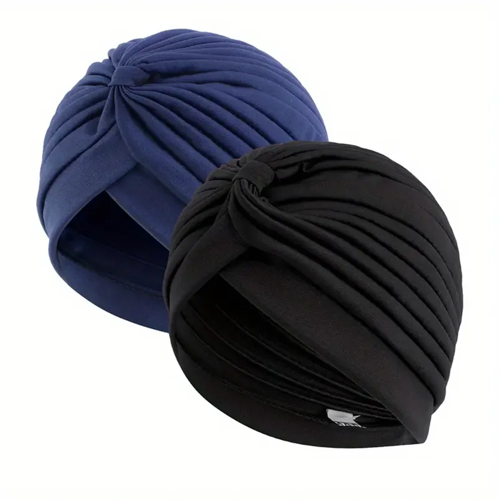 2pcsWomen's Pleated Knot Turban Hat, Soft Stretchy Beanie Cap for Chemo Hair Loss, Muslim Hijab Headwrap, Fashion Daily Headwear view 3