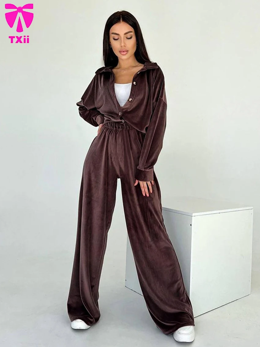 TXii Winter Ladies Nightgown Suit Turn-Down Collar Nightwear Long Sleeve Sleepwear Pants 2023 New Femme Pajama 2 Piece Set