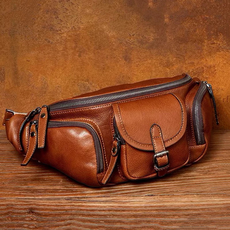 Men\'s Genuine Leather Chest Waist Bags Outdoor Sports Fanny Pack Man Belt Waist Bag Fashion Cowhide Zipper Phone Bags Leathfocus