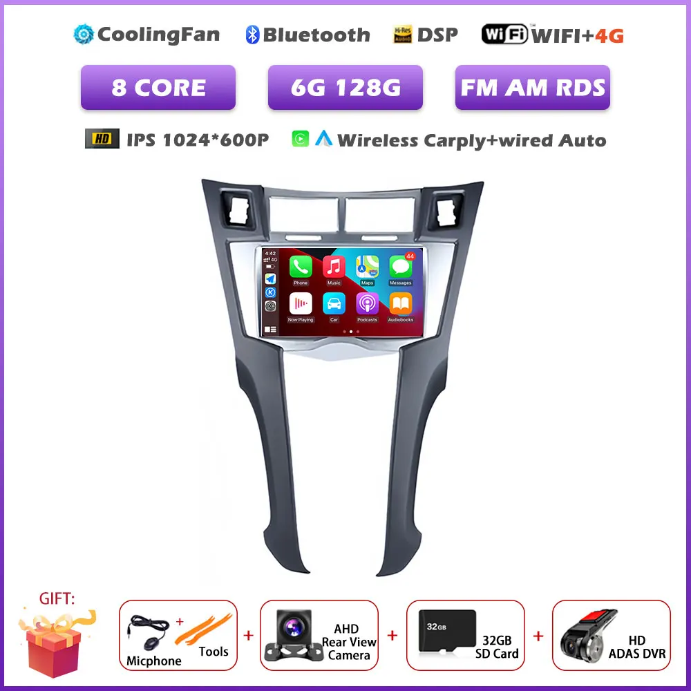 7 inch autoradio voor Toyota Yaris 2005-2011 met Carplay, Android 16, navigatie, GPS, multimedia, videospeler en Bluetooth.
