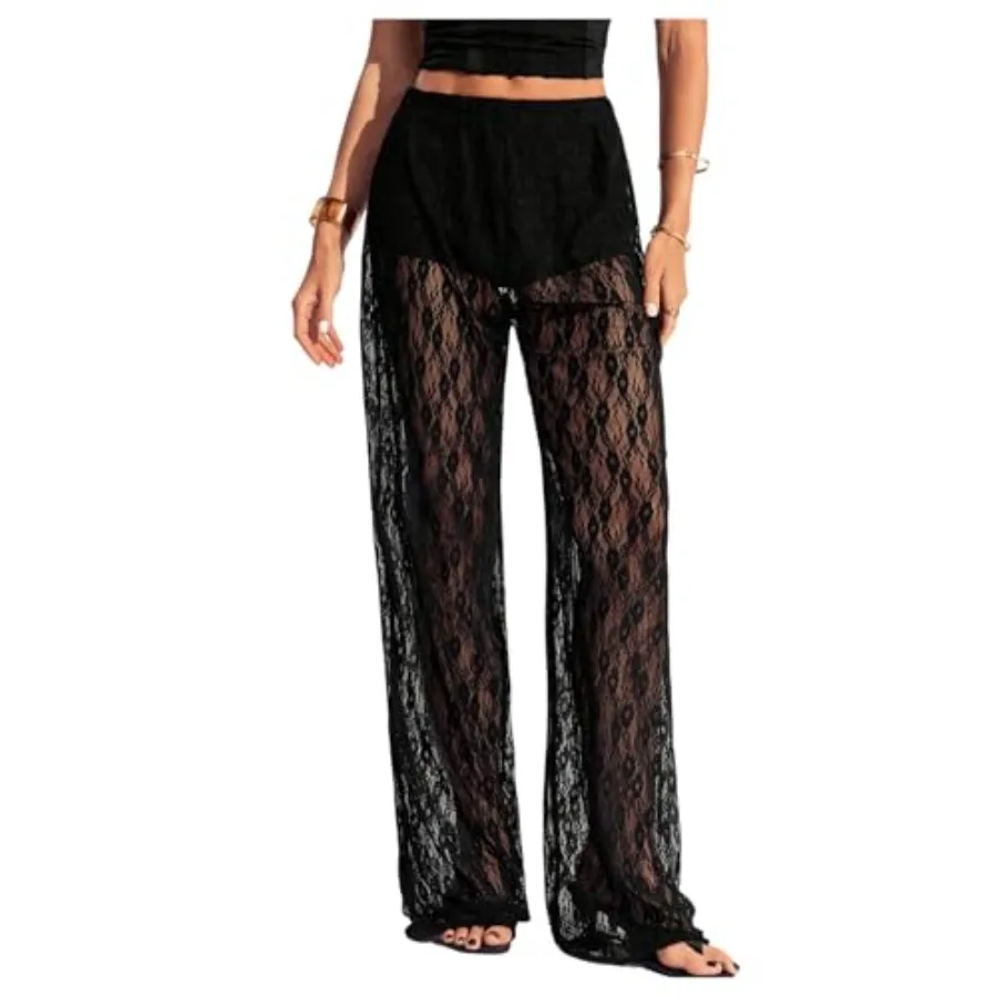 

RoseSeek Women's Y2K Floral Lace See Through Pants Sheer Straight Leg Long Pants Club Wear