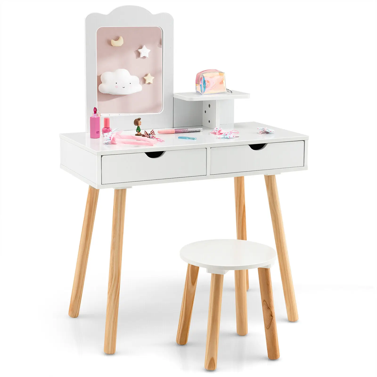 Babyjoy Kid Vanity Table Chair Set with Mirror Large Storage Drawers Wooden Legs White