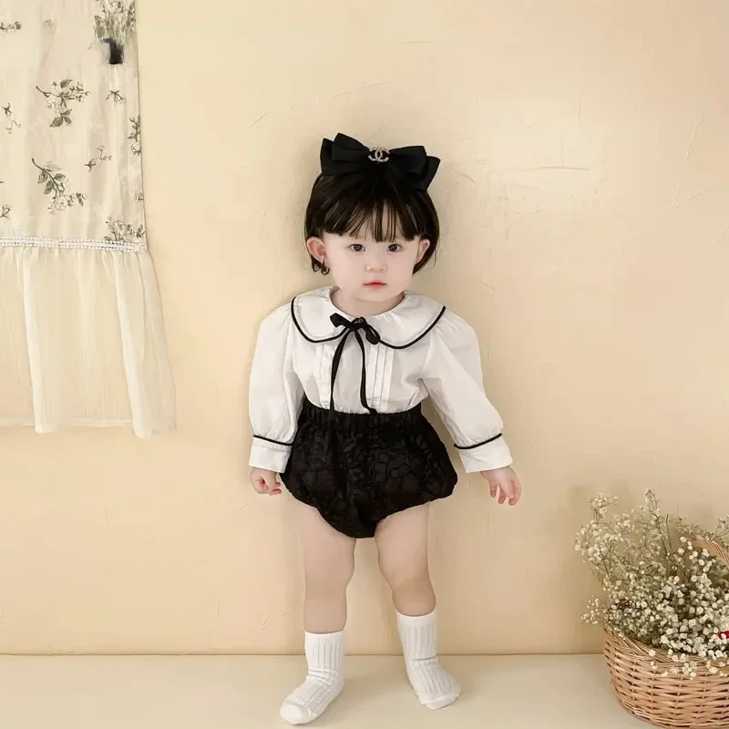 Korean Style New Spring Baby Girl Sets Long Puff Sleeves Peter Pan Collar Bow Bottomed Shirts+Pure PP Shorts Kids Clothing E6811