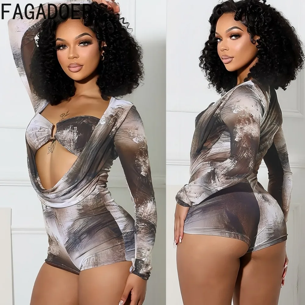 

FAGADOER Sexy Ink Wash Printing Two Piece Outfits Woman Long Sleeve Crop Top + Deep V-neck Playsuits Rompers Female Streetwear