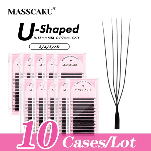 10 estuches/lote MASSCAKU forma de U 6D W extensiones de pestañas longitud mixta hecha a mano doble puntas prefabricadas Fans volumen pestañas postizas en Stock