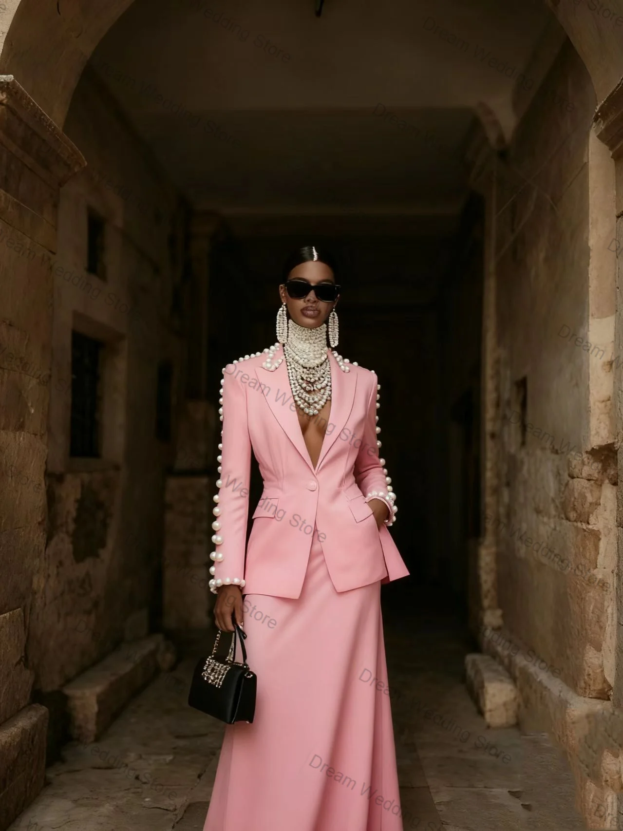 اللؤلؤ المرأة البدلة تنورة مجموعة 2 قطعة السترة + فستان حفلة موسيقية فاخر القطن مكتب رسمي سترة حريمي مخصص معطف الزفاف الضيوف