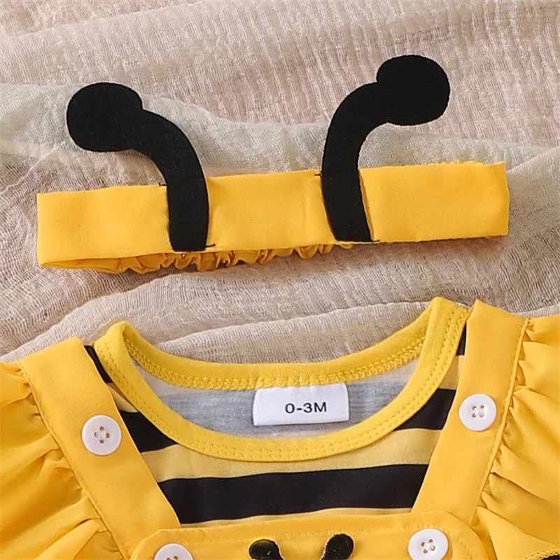 Infant Baby Girls Cute Outfits Flying Sleeve Romper Cartoon Bee/Beetle Embroidery Suspender Dress Headband Sets for Party