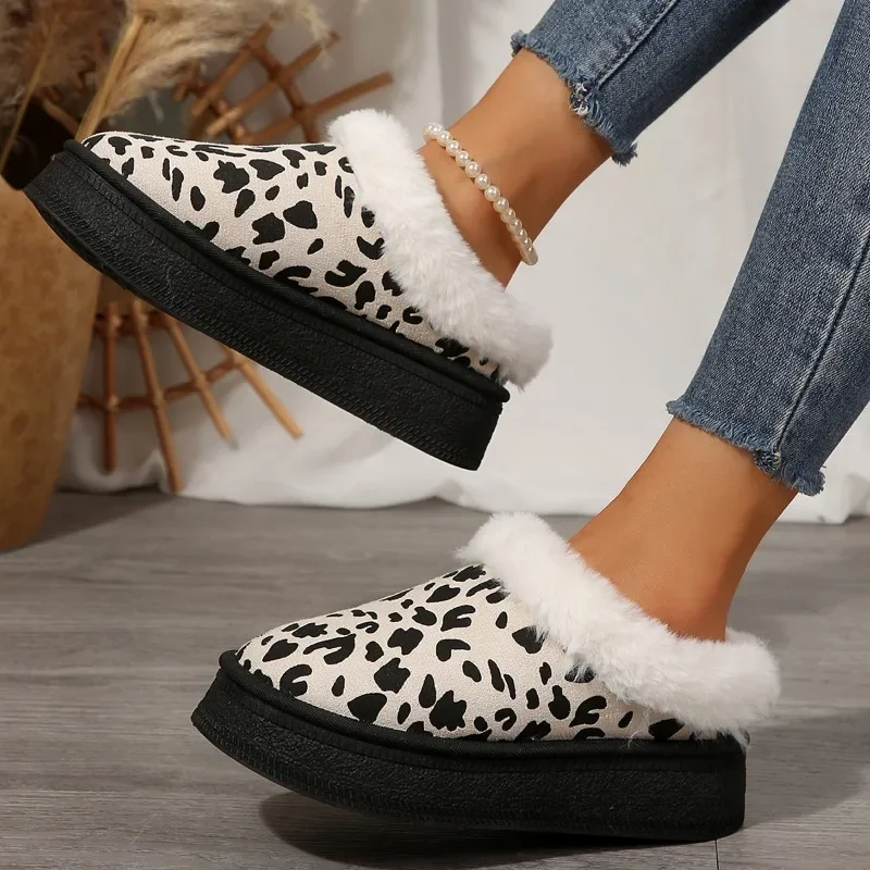 2024 Plus Size Shoes Female Closed Toe Women's Slippers Platform Warm Slippers Women Leopard Round Toe Flat with Shoes Women image 4