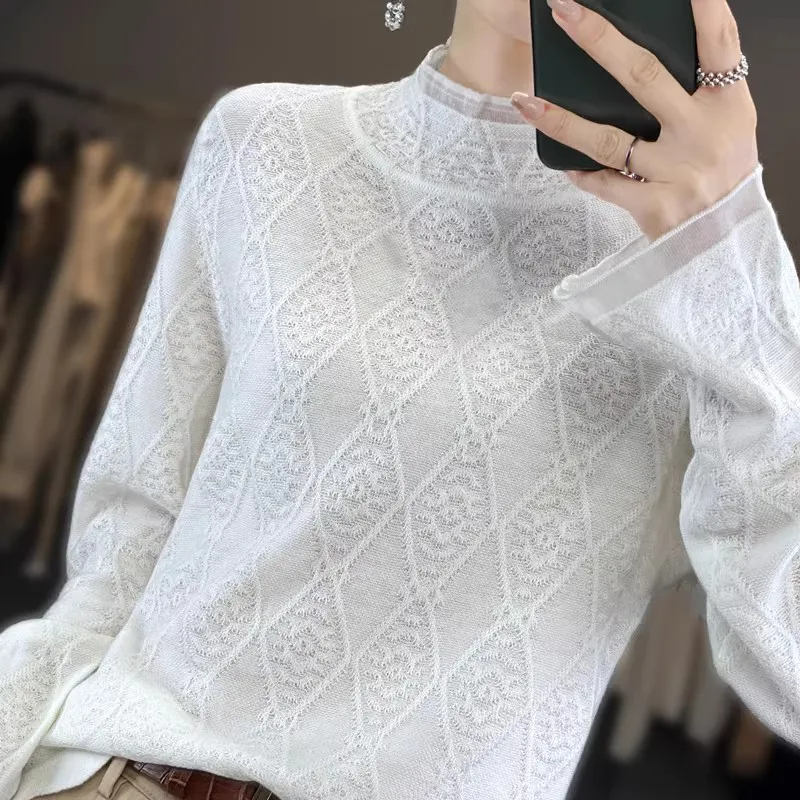 高級刺繍レース中空ダイヤモンドニットウールセーター女性の秋冬ロングスベベースレイヤーfハイカラー