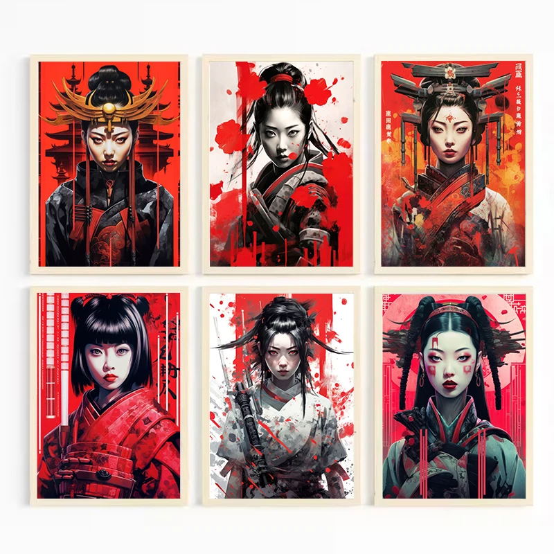 Japanese Geisha Girl Posters Prints Canvas Painting Wall Art Retro Cyberpunk Samurai Girls Pictures for Living Room Home Decor