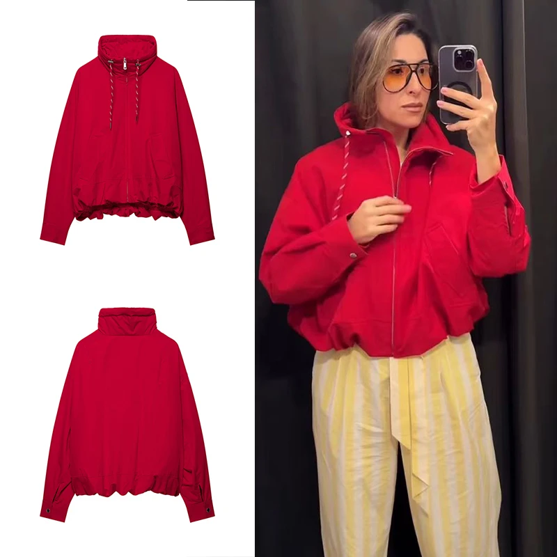 Guobioziy 2026 Spring Autumn Women Hooded Cropped Zip Jacket Drawstring Collar Patch Pockets Simple Loose Casual Outer Coat