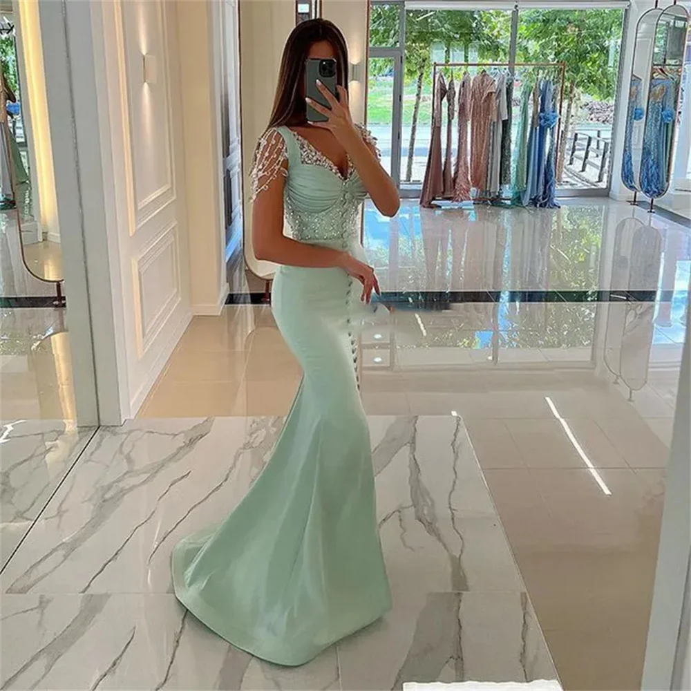 Lily Green Beading Mermaid Charming Prom Dresses Gown Tassel Button V Neck Formal Gown Mint Stain Evening Gown 프롬 드레스 Customized