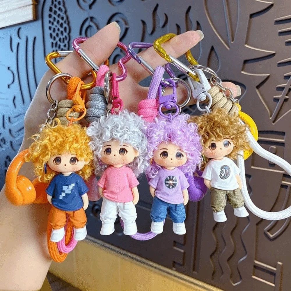Portable Cartoon Curly Hair Keychain Soft with Lanyard Soft Pendant Dopamine Boy Key Chain Gift Bag Charm
