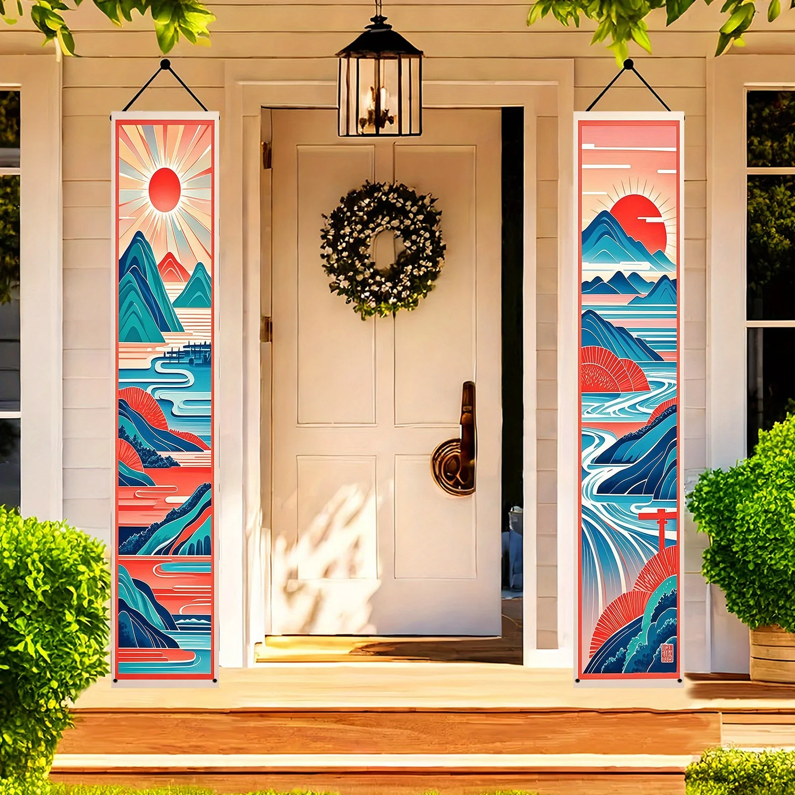 زوج واحد من أعلام الزوجين لتزيين الحفلات اليابانية، لافتة شرفة ترحيب عائلية - تصميم توضيحي كرتوني، #5