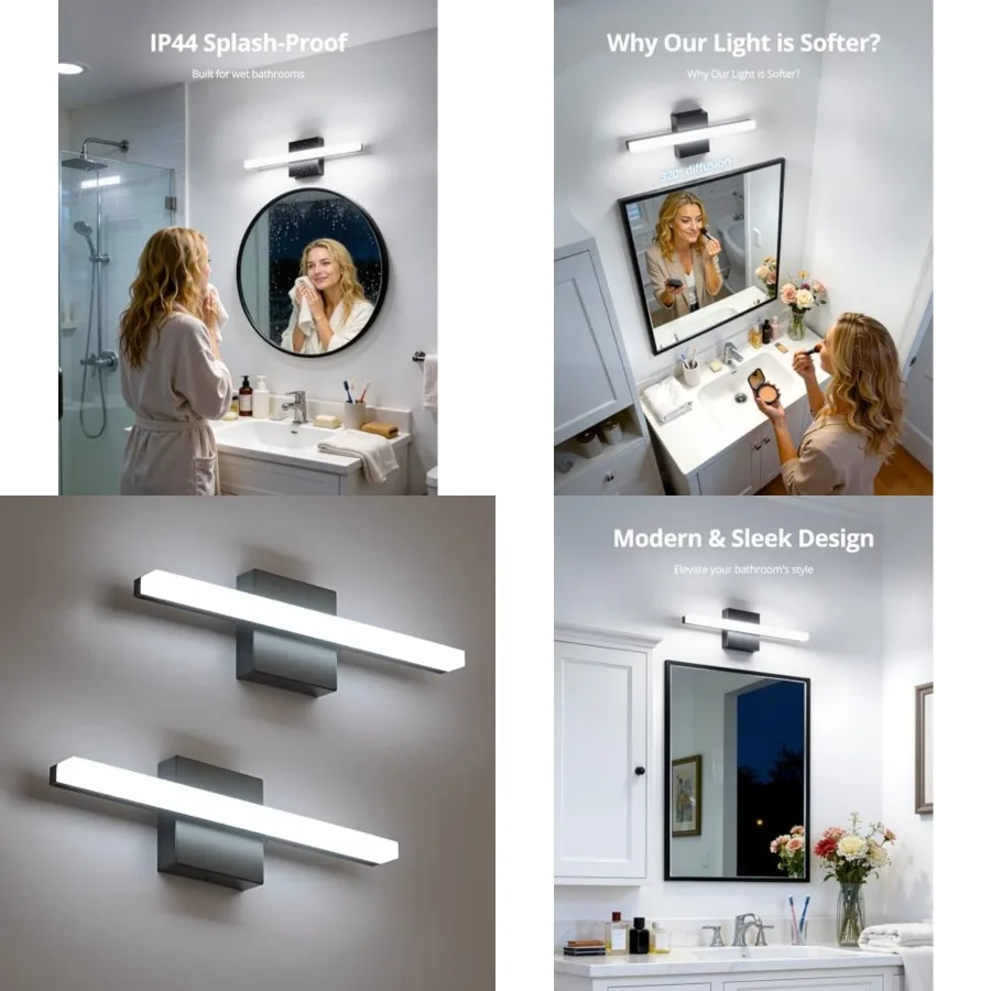 Modern Black Bathroom Vanity Light Fixtures Over Mirror Gentle Shadow Free, 9W Small Wall Lighting Bars for Sink Restroom Cool