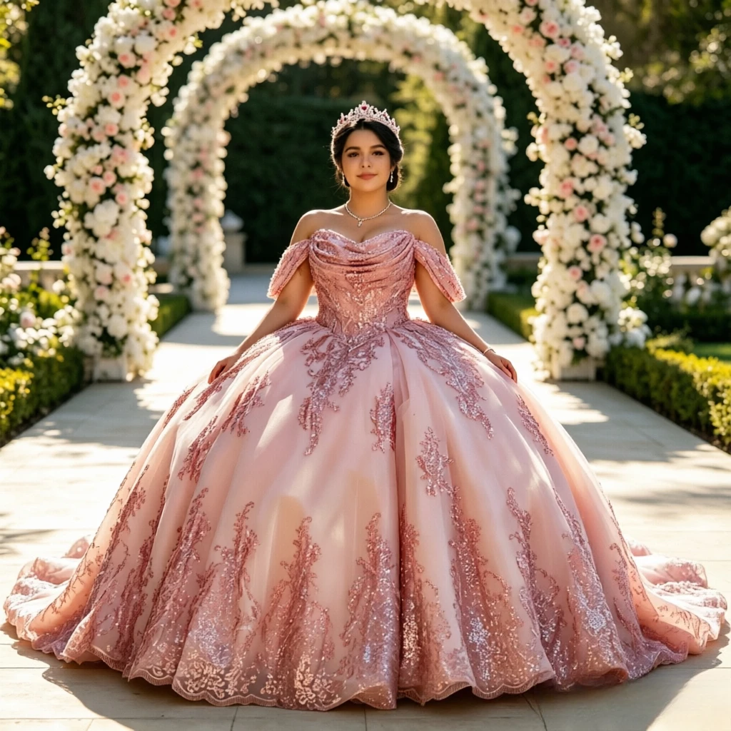 Customized Pink Sequin Appliques Dress Beaded Crystal Pearls Bow Court Train Prom Gown for Romantic Wedding Ceremony Events