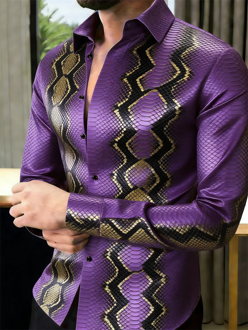 New men's scale pattern 3D printed long sleeved shirt, made of high-quality fabric, casual long sleeved lapel top