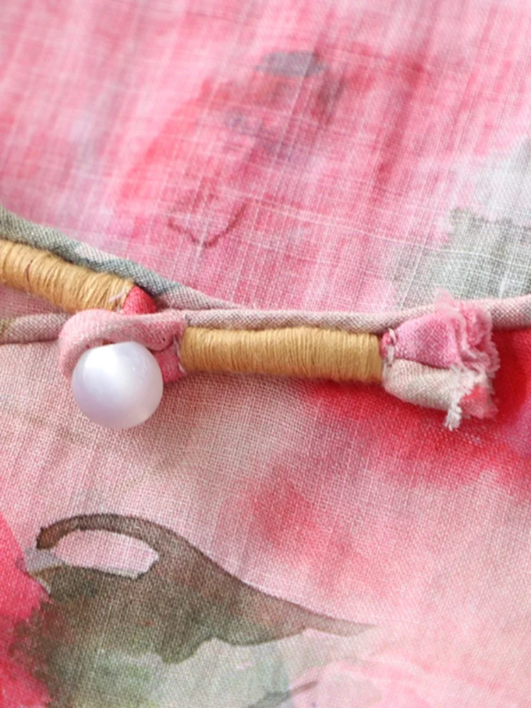 Retro chino algodón lino irt verano estampado suelto adelgazante té disfraz irt Overhead Zen mujer Faion redondo Ne botón...