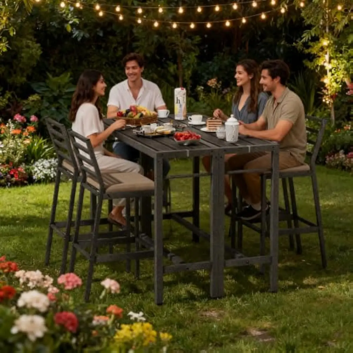 3-Piece Rust-Resistant Metal Patio Bar Set • 55-Inch Rectangular High-Top Table with Reinforced Frame • 2 Ergonomic Stools Featu