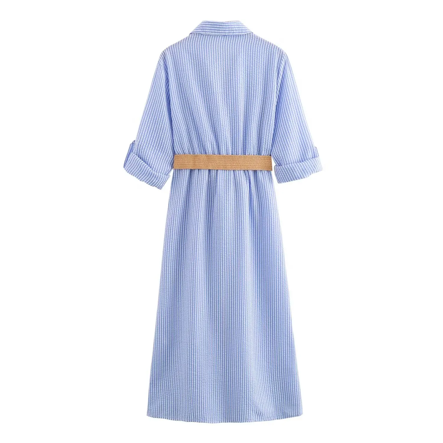 Maxdutti Casual Commuter Long Shirt Dress Women With Belt Roll Up Sleeved French Minimalist Blue Striped Midi Dress