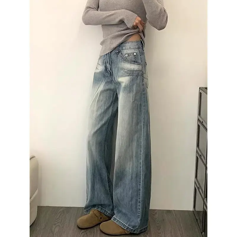 High Waist Wide Leg Jeans Women's Loose Slimming Narrow Version Cover Hip Light Blue Straight Cut Denim Pants Spring Autumn