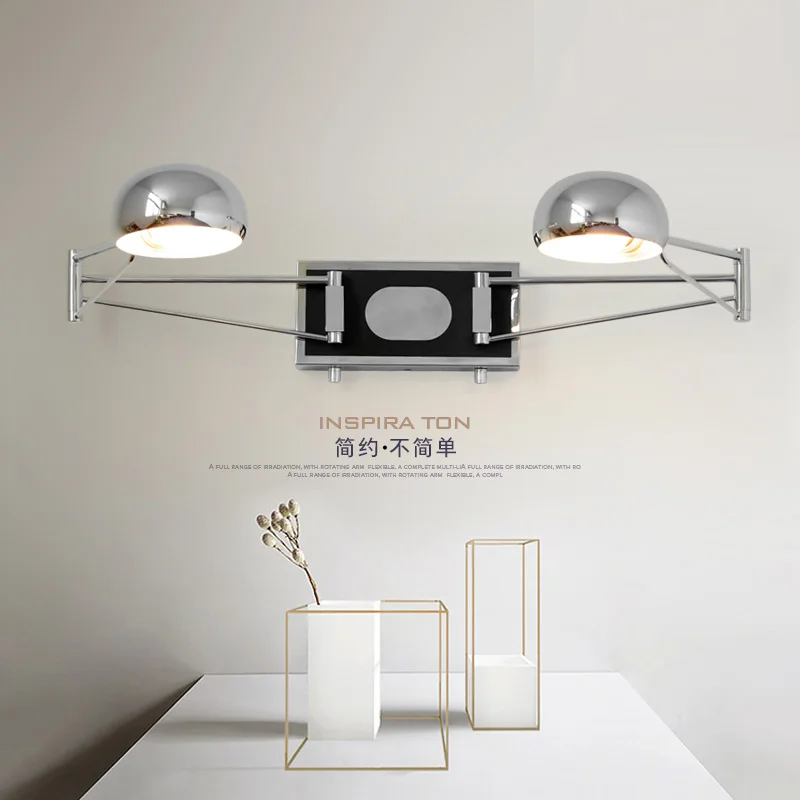 chrome  2-Arm Swing Wall Sconce with switch bedroom indoor metal wall lamps study  Reading Lights ajustable totel Wall lighting