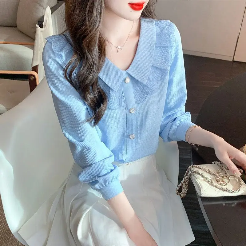 

Loose Bubble Sleeve Long Sleeve Ruffle Collar Shirt Women Spring 2026 New Thin Shirt Casual Style Pure Color Button Splice