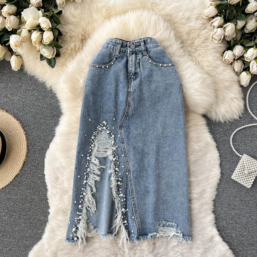 Pearls Beading Women Denim Skirts 2024 New Summer High Waist Split Ripped Holes Female Midi Jean Skirt Girls Streetwear