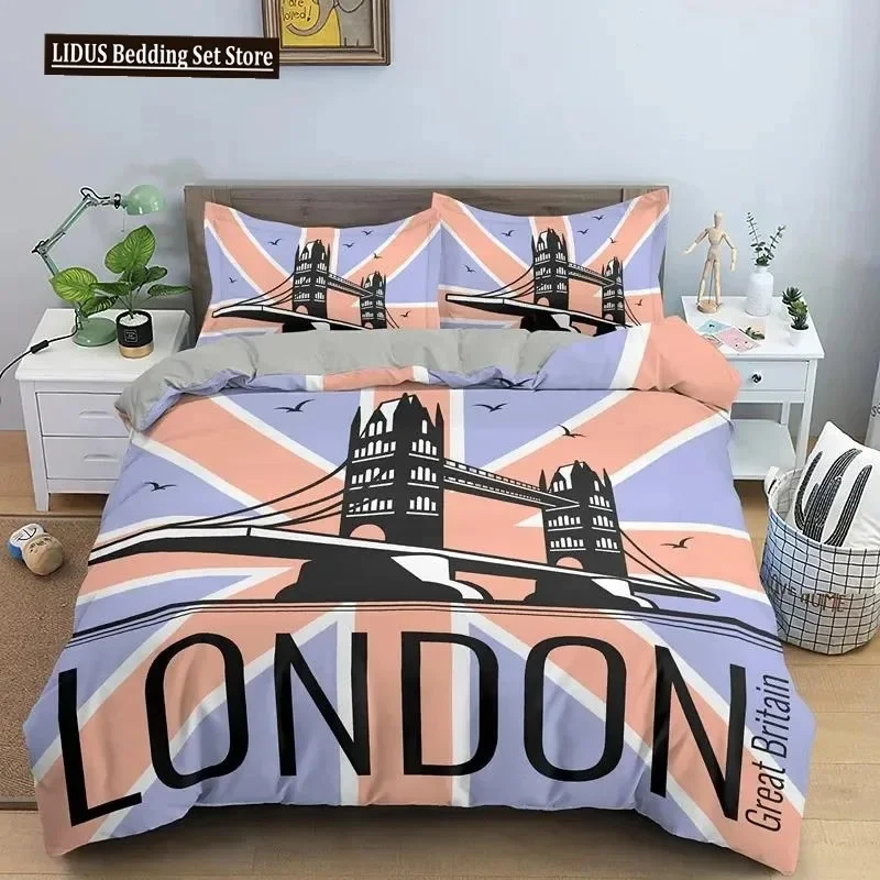 

UK London Style King Queen Duvet Cover British Elements Bedding Set for Teens Adults London Bridge Big Ben Polyester Quilt Cover