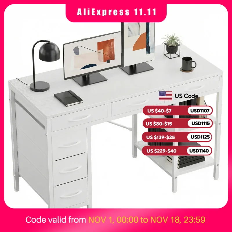 MCQ 47 Inch Office Computer Desk With 6 Fabric Drawers Standing Ergonomic Gaming Desk With Storage Shelves Reversible Gaming Desk For Home Office Small Space