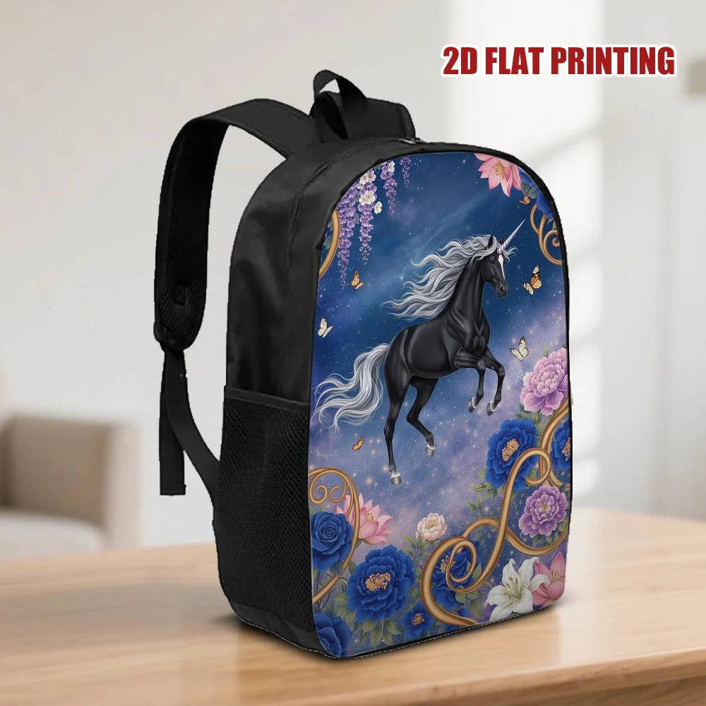 

2D flat print, single unicorn-themed backpack, wrapped flowers, spacious and stylish, perfect for professionals