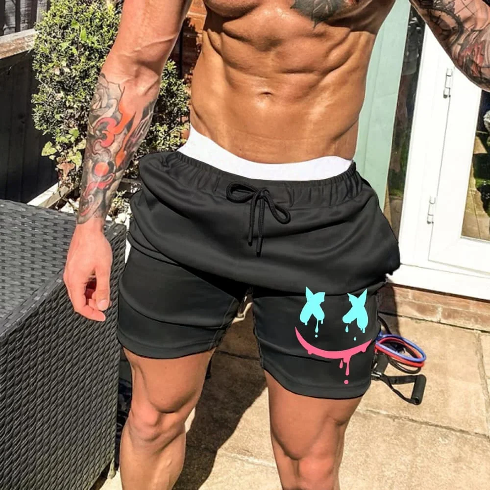 

New Summer Men's Quick-Drying Fake Two-piece Shorts Smile Print Casual Sports Surf Shorts Men's Gym 2-in-1 Training Shorts Moto