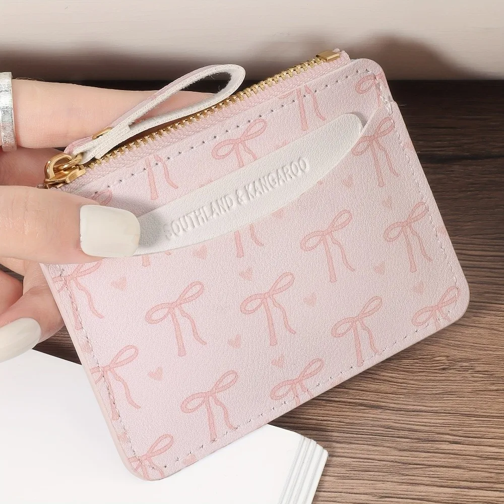 Fashion PVC Credit Card Holder Roomy Small Zipper Wallet Lightweight Cute Bow Coin Purse for Women Girls