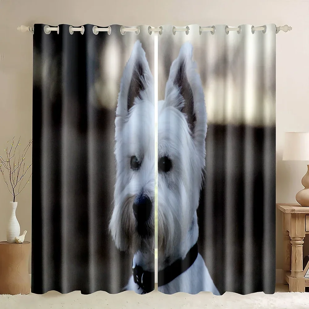 West Highland White Terrier Dog Printed Sheer Window Curtain,White Puppies Running On The Grass,Pet Puppy Dog Blackout Curtains