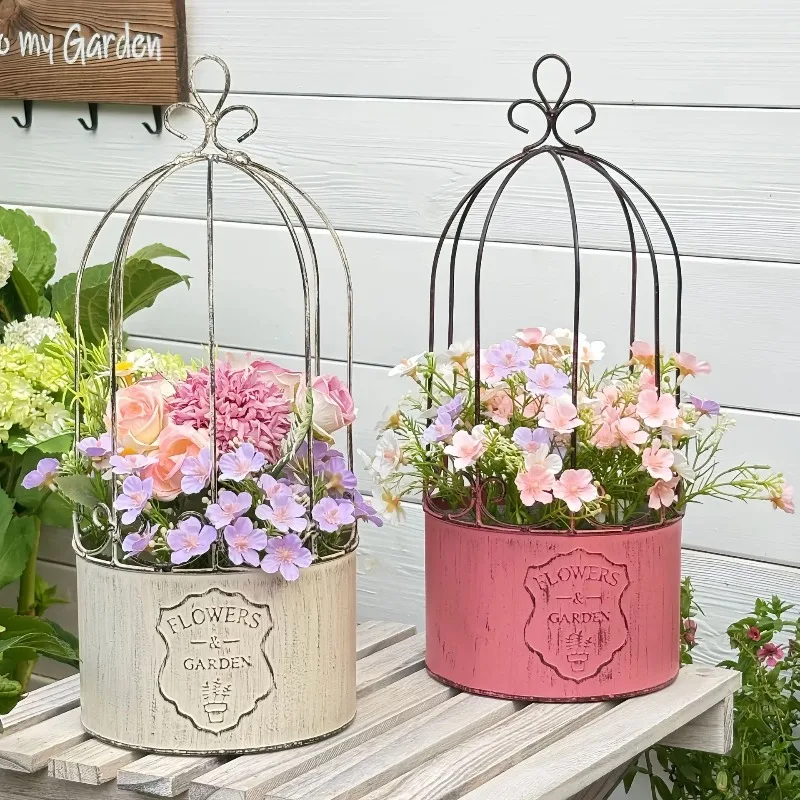 Hanging Basket Bird Cage Flower Pot Retro Ironwork Red Rotundity Square Plant Vase Balcony Courtyard Hang Decorate Ornament