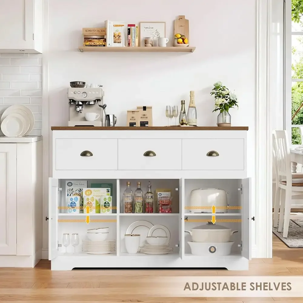 White Kitchen Sideboard Server with 3 Drawers and Adjustable Shelves for Dining and Living Room Storage