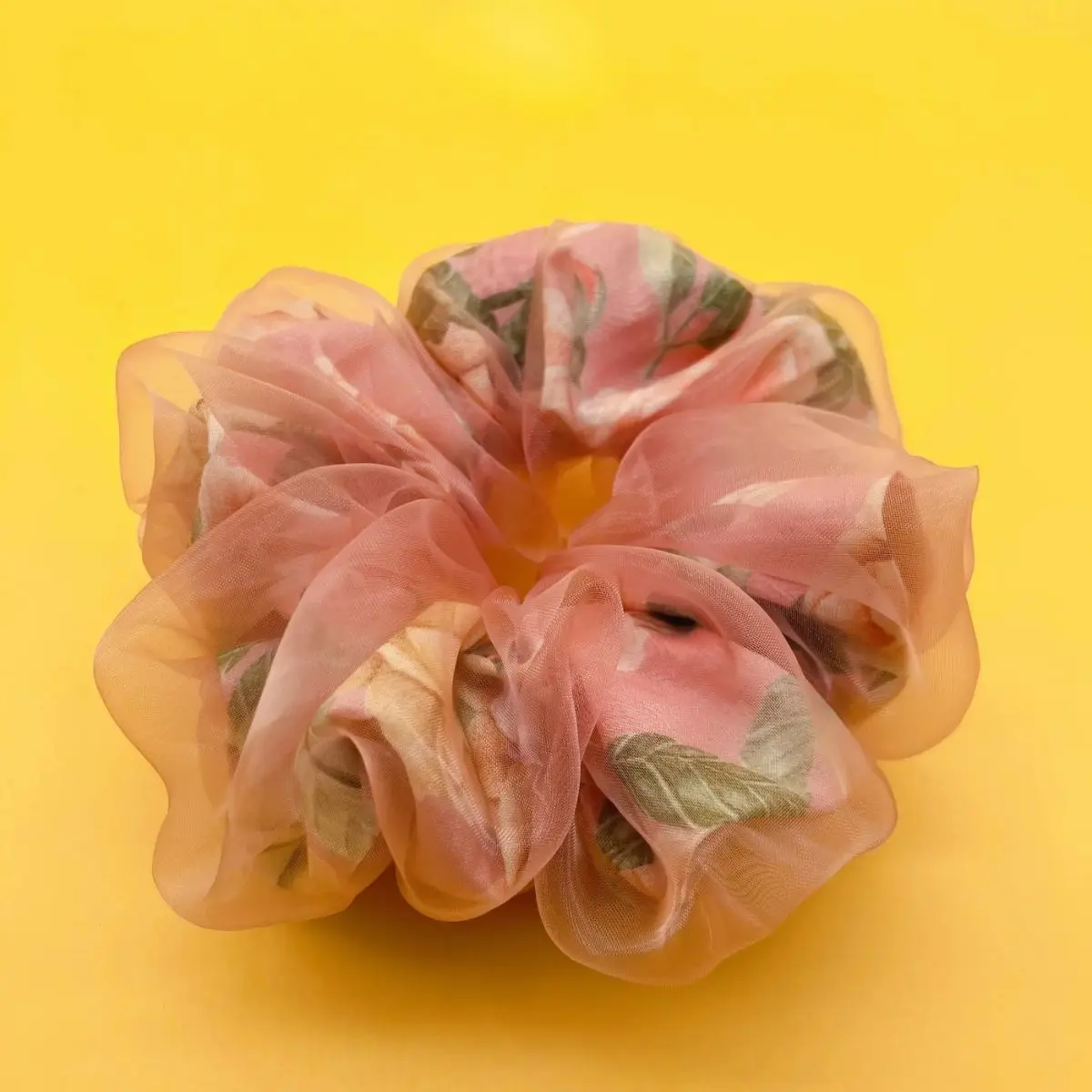 

Apricot Pink Liberty London Rose Print Double-Layer Scrunchie | Organza Overlay, Sweet Floral Hair Accessory