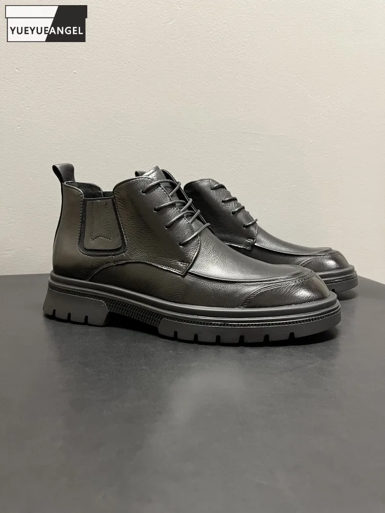 Male Designer Fashion Black Genuine Leather Round Toe Lace Up Hard Wearing Boots Cowhide Platform Mid Heel High Top Footwear