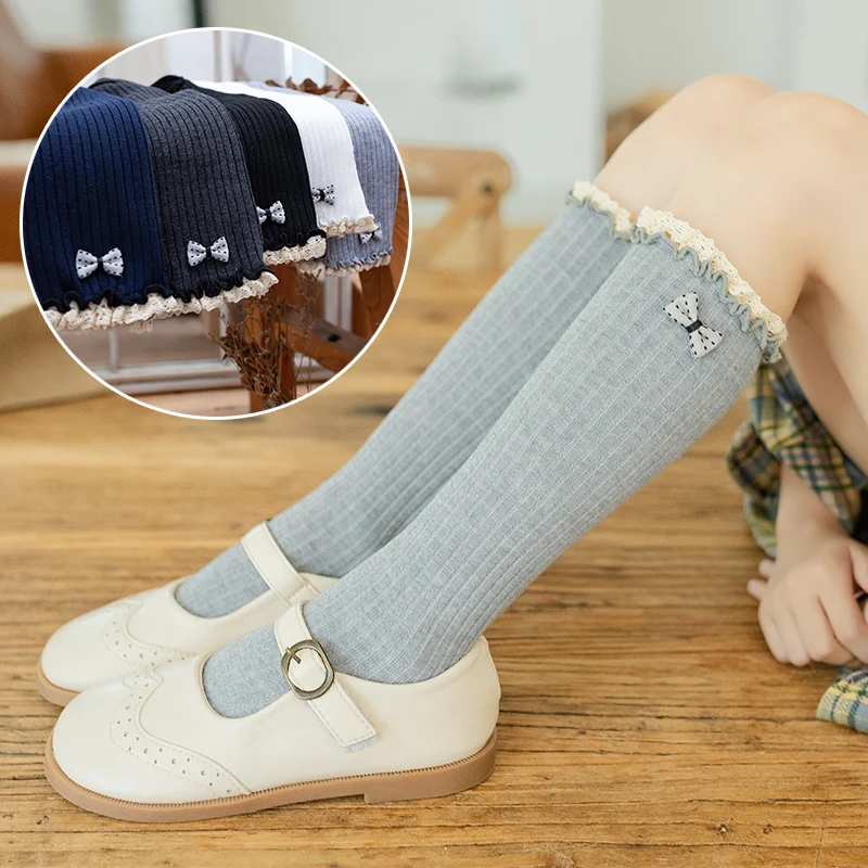Lovely Lolita Girls Japanese Style Polka Dot Small Bow Decorative Lace Trim Long Knee High Socks Soft Elastic Princess Stockings